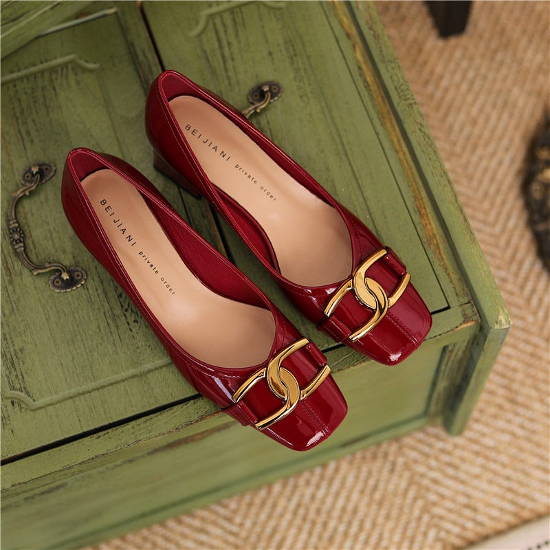 332-8 Sheepskin Square Head High Heels Ladies Thick With French Retro Patent Leather Metal Autumn High Heels