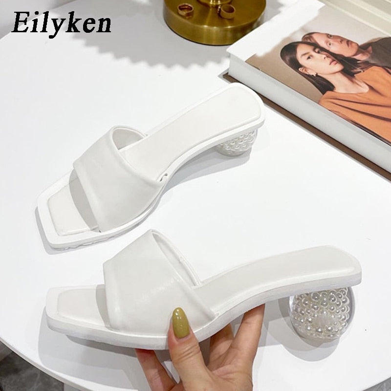 Eilyken 2021 Summer New Design Clear Perspex Pearl Round Ball Low Heel Slippers Women Square Toe Party Dress Female Sandals - TRIPLE AAA Fashion Collection