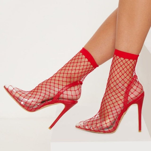 Pointed Toe Heels Summer Fishnet Sandals Mesh Holes Sexy Female Shoes Party High Heel Ankle Boots - TRIPLE AAA Fashion Collection