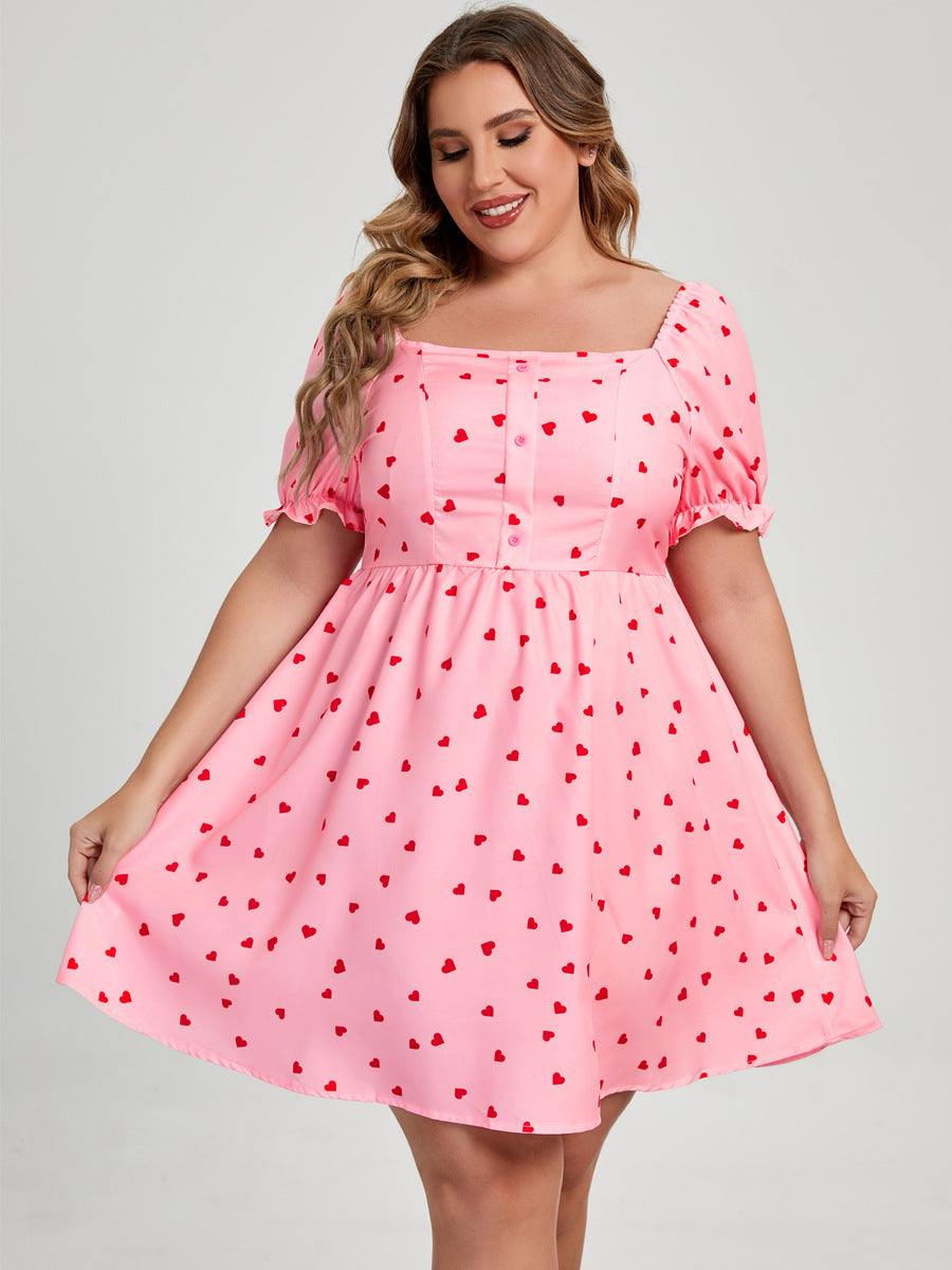 Pink Commuter Square Collar Plus Size Women's Love Printed Dress