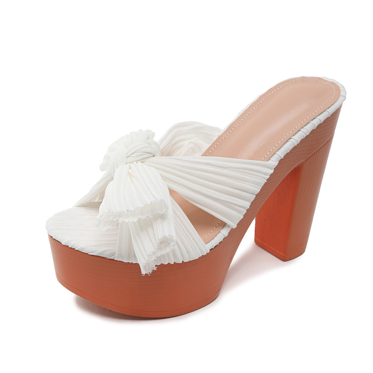 Satin Ice Silk Women's Shoes Chunky Heel High Heel Foam Bottom Fingerless Sandals Bow Knot Outer Wear Half Support