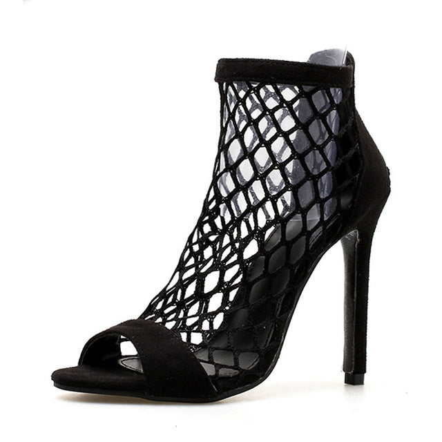 Women's Shoes Sexy High Heels Mesh Peep Toe Sandals Fishnet Zip Sexy Party Dress Woman Shoes - TRIPLE AAA Fashion Collection