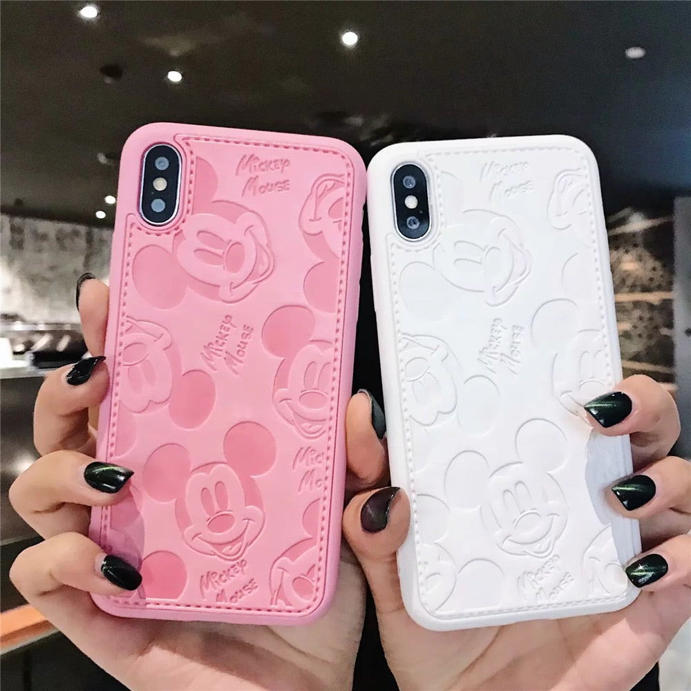Cartoon Mickey Minnie Mouse Leather Case For iPhone 8 7 6 6S Plus X Xs Max XR 3D embossing Disneys Painting Soft leather Cover - TRIPLE AAA Fashion Collection