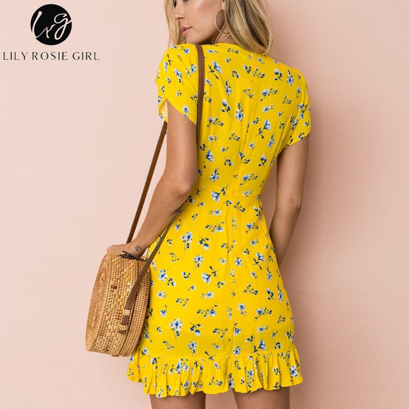 Sexy Wrap V Neck Floral Print Yellow Women Mini Dresses 2018 Summer Party Beach Ruffles Boho Dress - TRIPLE AAA Fashion Collection