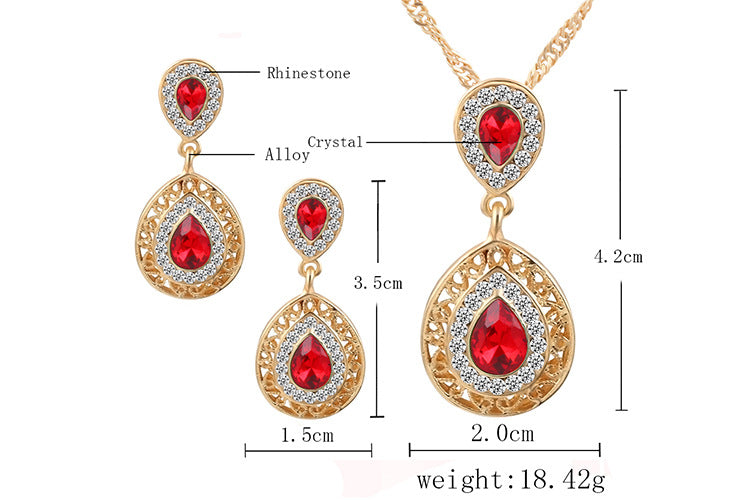 New Earrings Necklace Set Combination Crystal Earrings Water Drop Pendant Jewelry Three Piece Set