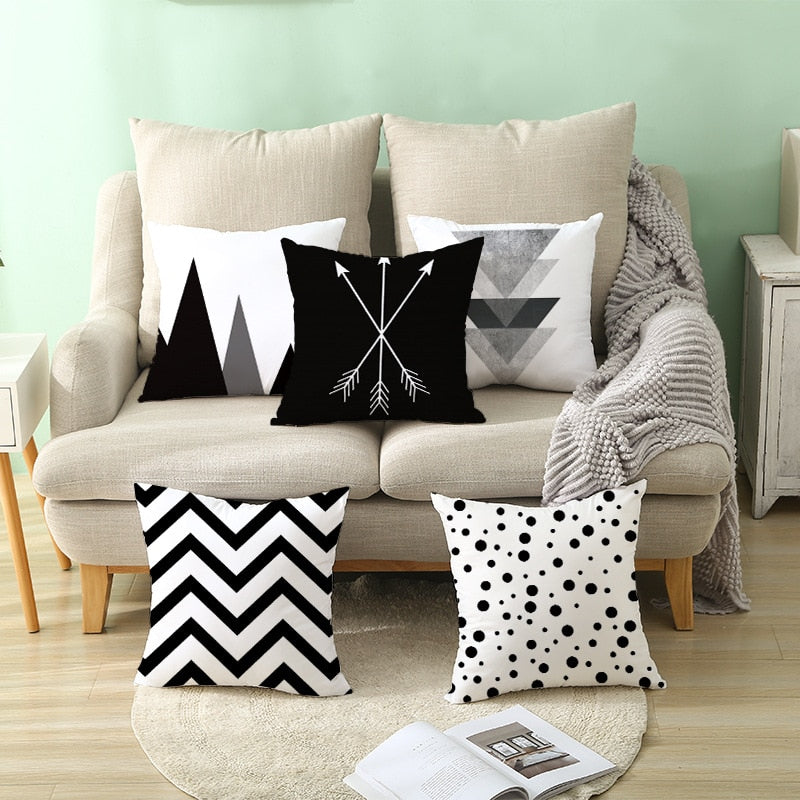 Geometric Cushion Cover Black and White Polyester Throw Pillow Case Striped Dotted Grid Triangular Geometric Art Cushion Cover - TRIPLE AAA Fashion Collection