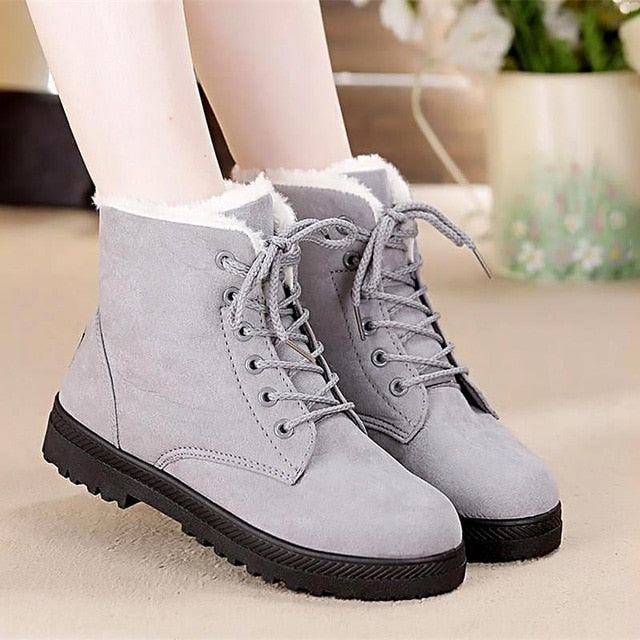 Snow boots 2019 warm fur plush Insole women winter boots square heels flock ankle boots women shoes lace-up winter shoes woman - TRIPLE AAA Fashion Collection