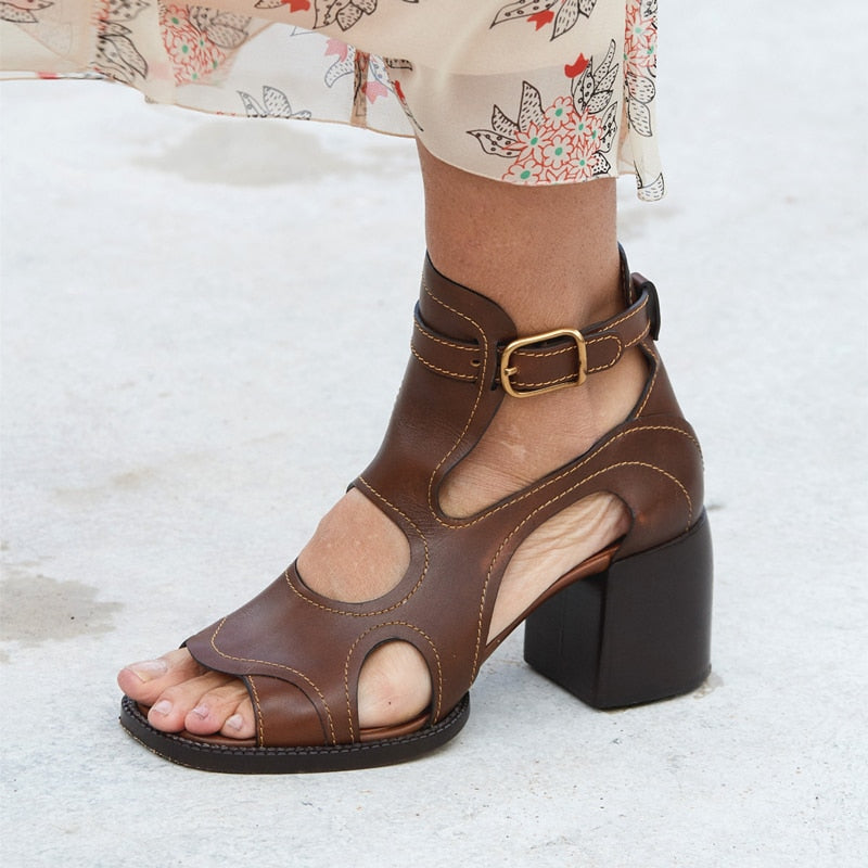 New Fashion Pumps Genuine Leather Summer High Heels Peep Toe Woman Casual Sandals 34-43 Vintage Shoes Hollow Out Buckle