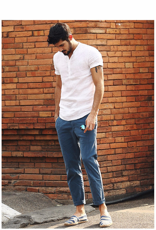 Summer Short sleeved Shirts Men 100% Linen White Solid Color Slim Fit Plus Size Collarless Tops