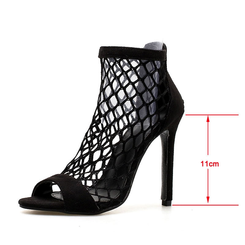 Women's Shoes Sexy High Heels Mesh Peep Toe Sandals Fishnet Zip Sexy Party Dress Woman Shoes - TRIPLE AAA Fashion Collection
