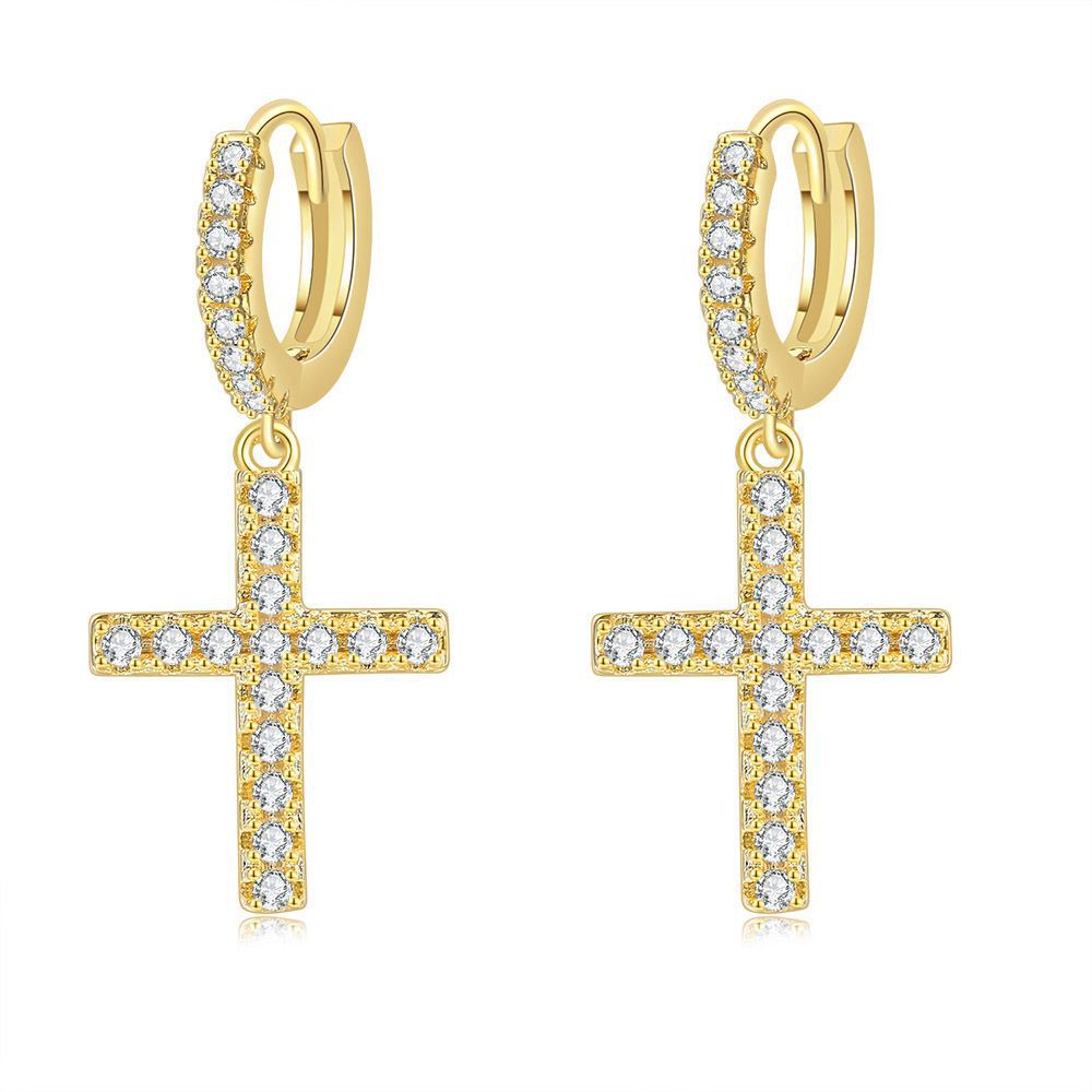 European And American Popular Cross Earrings Personalized Ins Style Copper Inlaid Zircon Gold-Plated Earrings Hip Hop Earrings