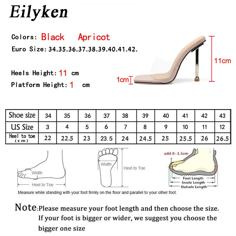 Summer Sexy PVC Transparent Jelly Slippers Slides Square Toe Metal High Heels Women's Stiletto Sandals Shoes Size 35-42