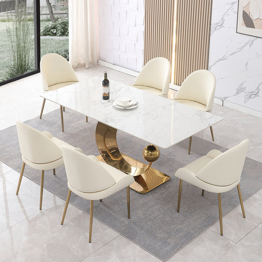71-Inch Stone DiningTable with Carrara White color and Round special shape carbon steel  Pedestal Base with 6PCS Chairs