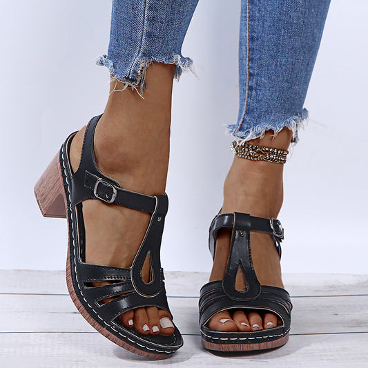 Summer New Sandals Women's Metal Buckle Stitching Hollow Thick High-Heeled Comfortable Large Size Sandals
