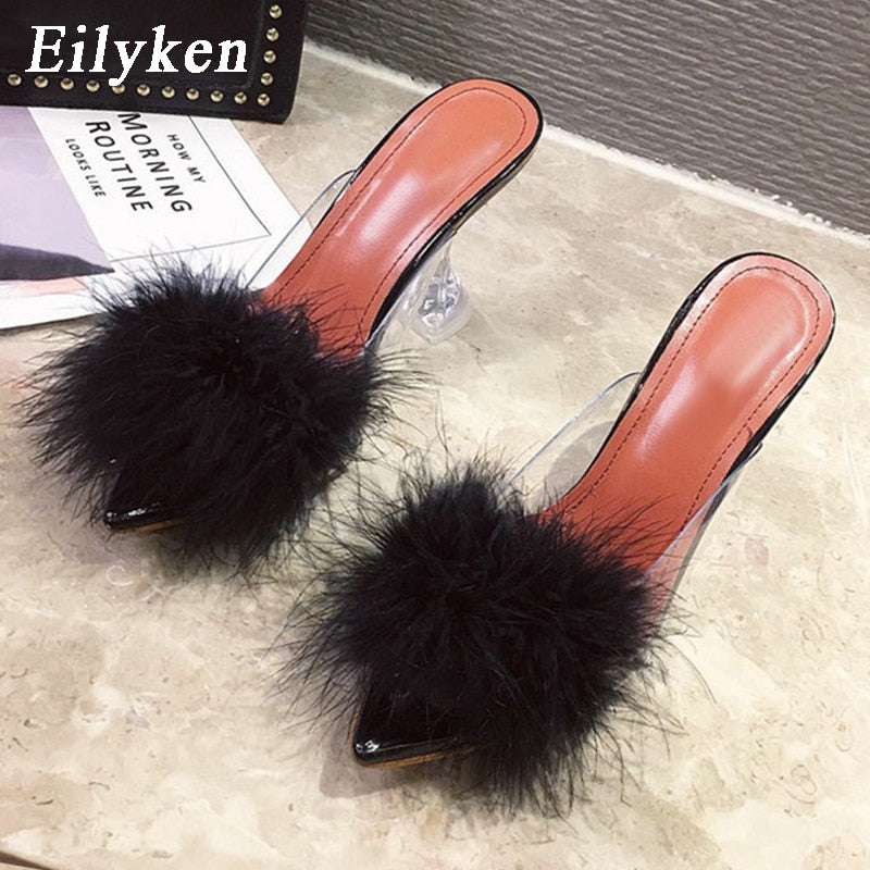Summer Woman Pumps PVC Transparent Feather Perspex Crystal High Heels Fur Peep Toe Mules Slippers Ladies Slides Shoes - TRIPLE AAA Fashion Collection