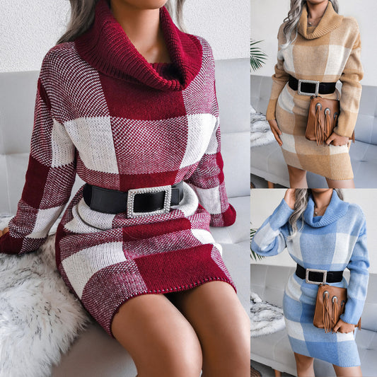 Autumn And Winter New Casual Plaid High Collar Wool Dress Knitted Dress For Women