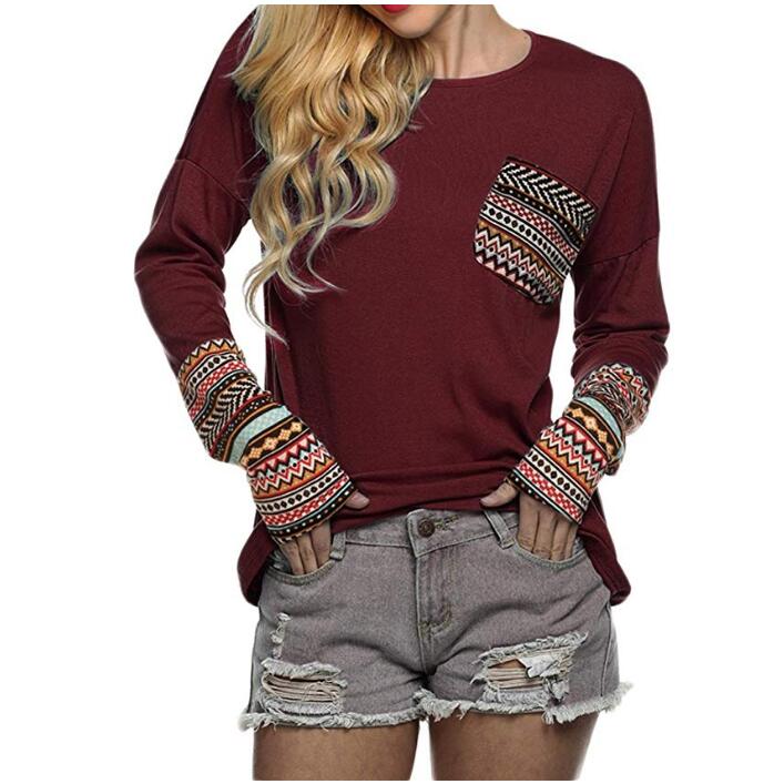 Women's Long Sleeve O-Neck Patchwork Casual Loose T-Shirts Blouse - TRIPLE AAA Fashion Collection
