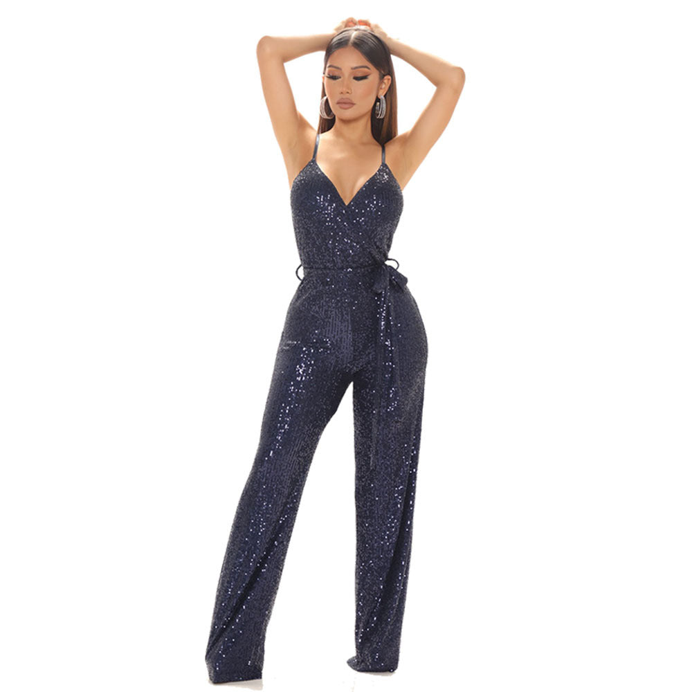 Sleeveless Open Back Solid Sequin Slim Fit Fashion Sling Jumpsuit