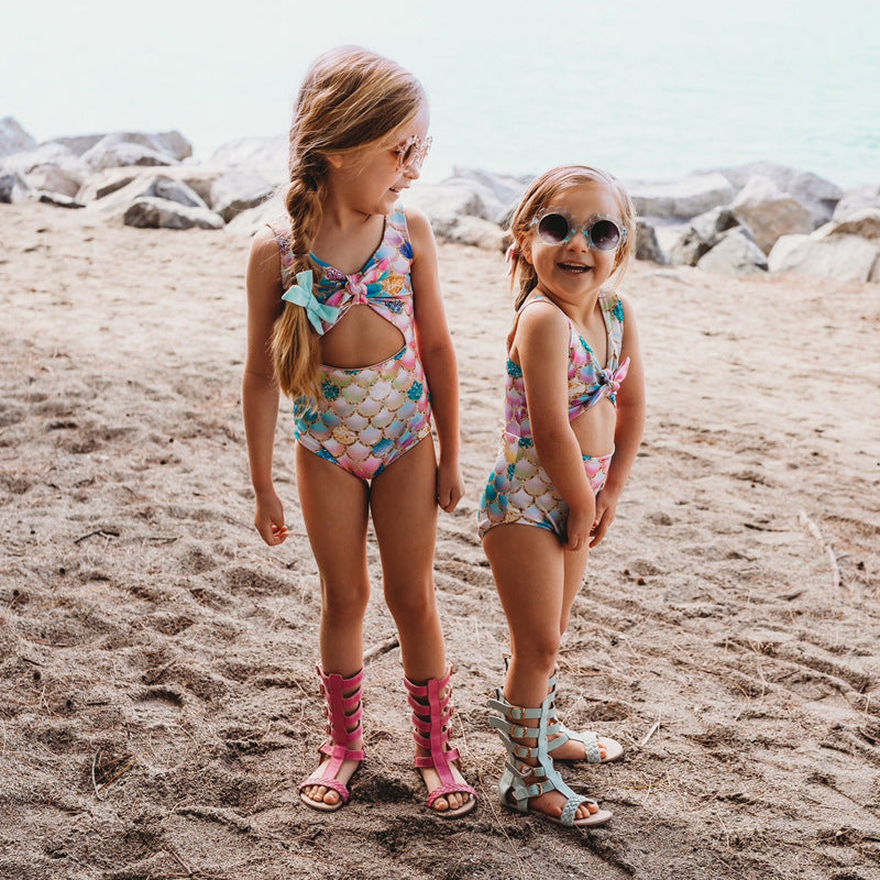 Girls Swimsuit New One Piece Printed Mermaid Sleeveless Vest Hollow One Piece Swimsuit