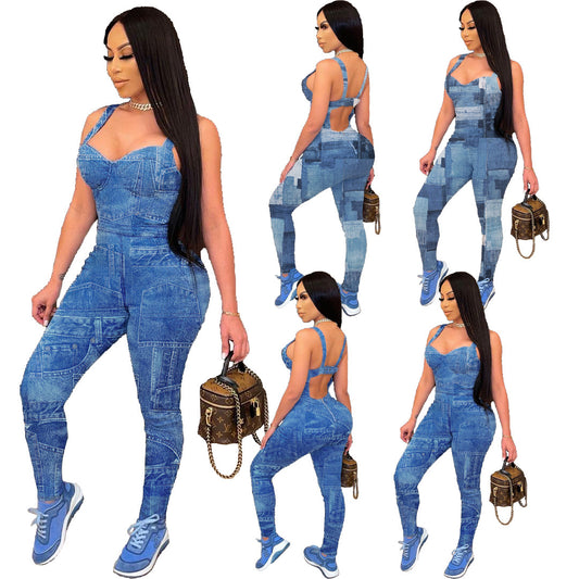 Spring And Summer New European And American Women's Clothing Fashion Suspenders Imitation Denim Printed Jumpsuit