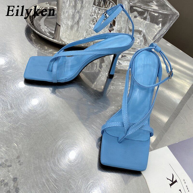 Fashion Ankle Buckle Strap Women Sandals Sexy Summer Square Head Clip Toes Flip Flops Thin High Heels Ladies Party shoes - TRIPLE AAA Fashion Collection
