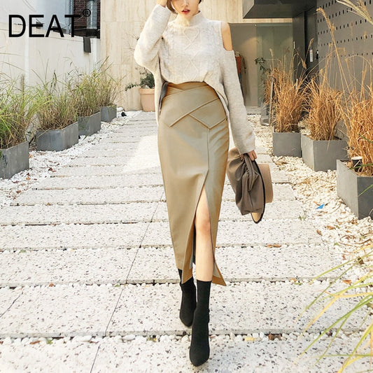 Gray fashion leather skirt female autumn and winter khaki white high waist one step skirt package hip half-length long skirt