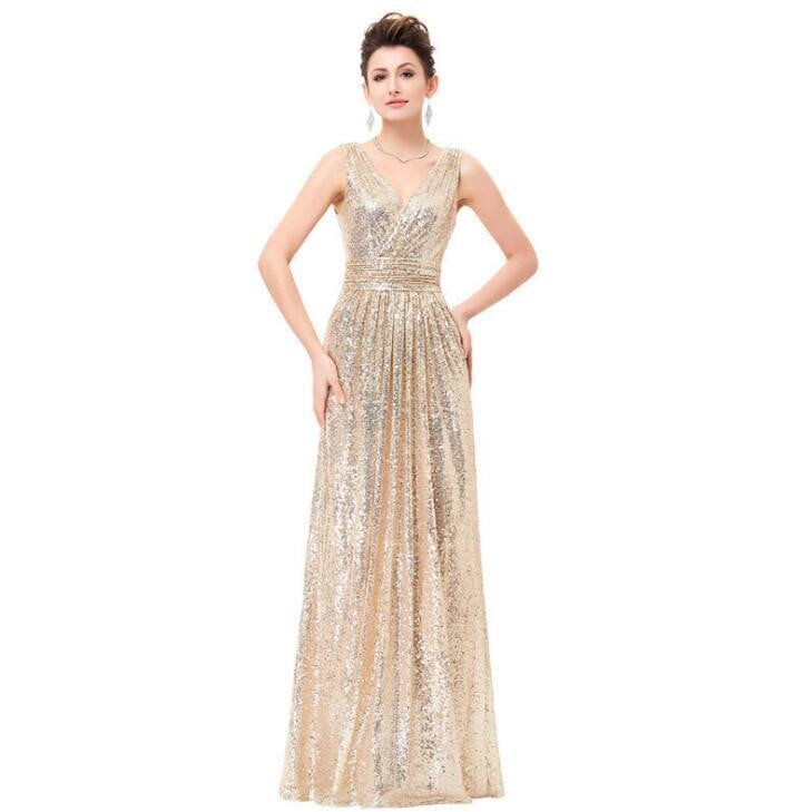 Cheap Rose Gold Sequin Bridesmaid Dresses Long  Deep V-Neck Sparkly Gala Dress V Back Wedding Guest Gowns In Stock - TRIPLE AAA Fashion Collection