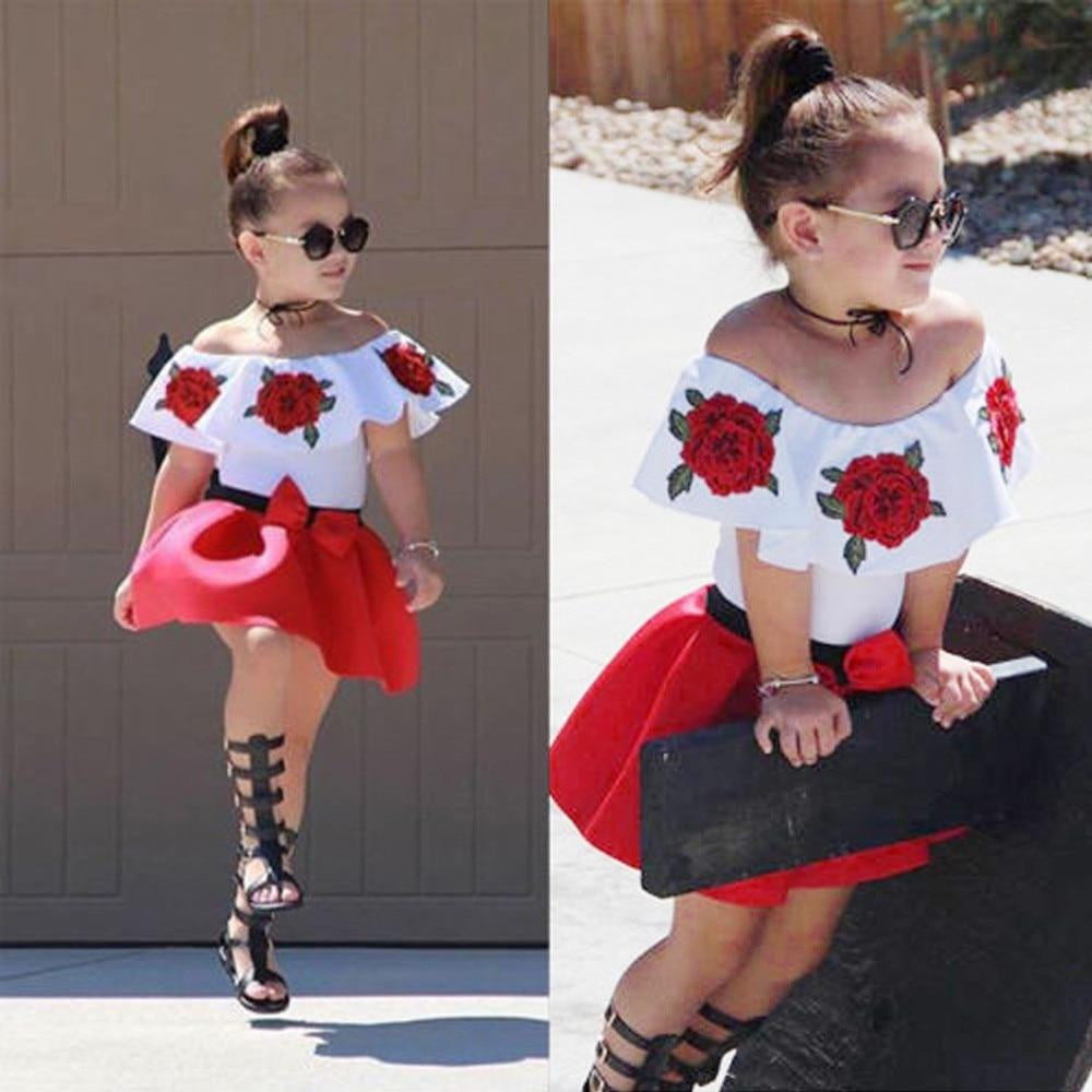 Baby Girls Suit Set Toddler Baby Girls Sleeveless Off Shoulder Embroidery Rose Tops+Skirts Outfits - TRIPLE AAA Fashion Collection