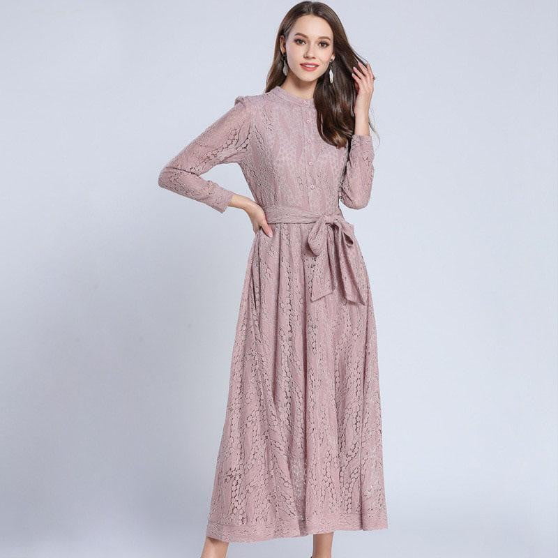 Bow Maxi Lace Dress Slim Fashion O-neck Sexy Hollow Out Work Casual Dresses Women A-line Vintage Vestido - TRIPLE AAA Fashion Collection