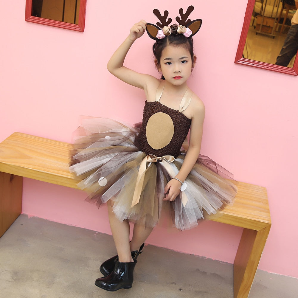 Deer Tutu Dress Baby Girls Dresses for Girls Halloween Costume For Kids Elk Cosplay Christmas Birthday Party Dress With Headband - TRIPLE AAA Fashion Collection