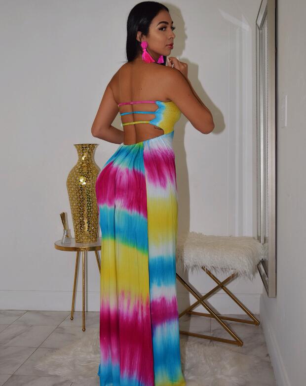 Women Summer Strapless Tie Dye Stripe Print Lace Up Hollow Out Back Maxi Dress Bohemian Elegant Long Beach Dresses Vestidos - TRIPLE AAA Fashion Collection