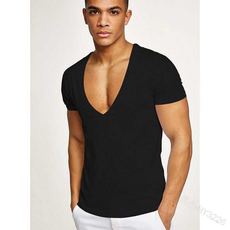 Wepbel Deep V Short Sleeve T-shirt Men's Sports Large V-neck Slim Tight T-shirt Solid Color Plus Size Tops Summer Men Tops - TRIPLE AAA Fashion Collection