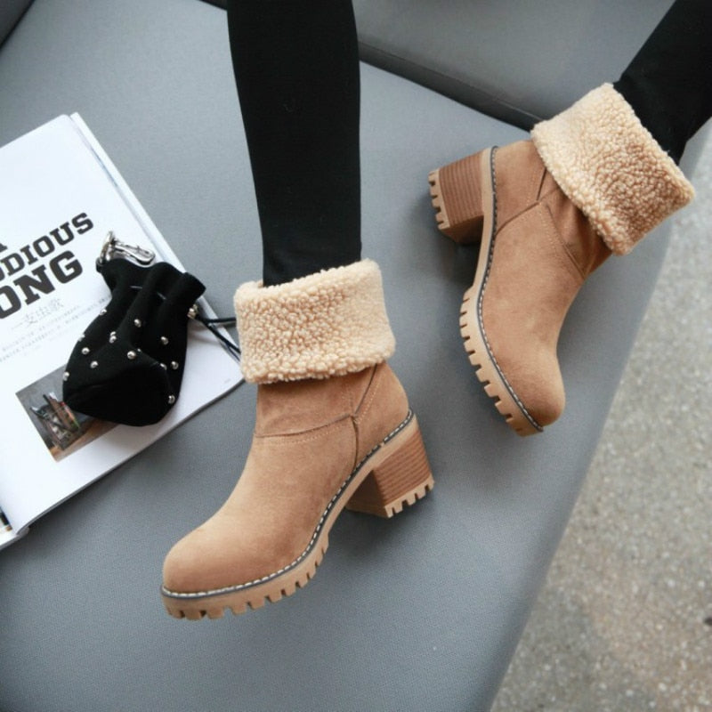 New Women Boots Winter Outdoor Keep Warm Fur Boots Waterproof Women's Snow Boots Thick Heel With Round Head Short Boot - TRIPLE AAA Fashion Collection