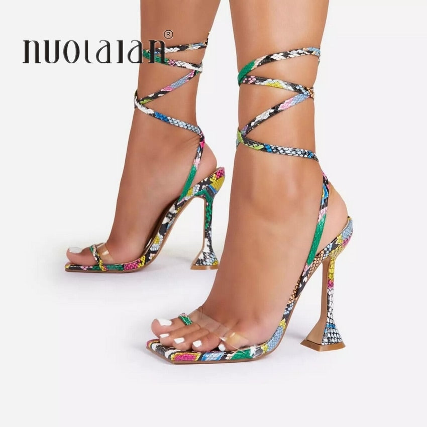 Women High Heels Sandals Summer Outside Snake Print Shoes Woman Lace-Up Cross Strap Gladiator Sandals 11.5CM Heels - TRIPLE AAA Fashion Collection