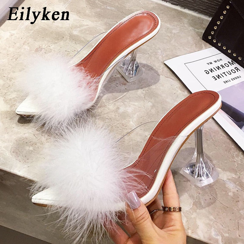 Summer Woman Pumps PVC Transparent Feather Perspex Crystal High Heels Fur Peep Toe Mules Slippers Ladies Slides Shoes - TRIPLE AAA Fashion Collection