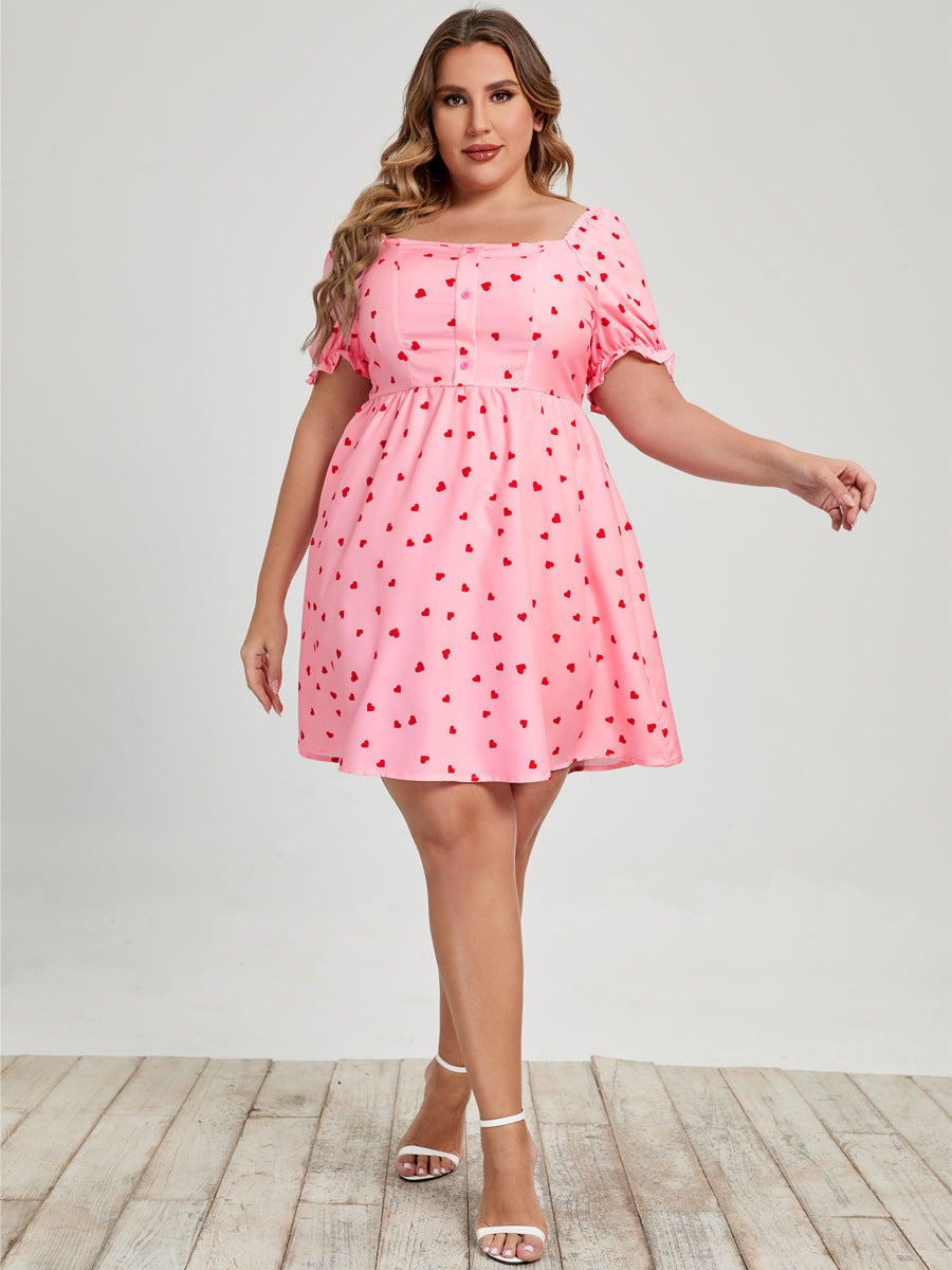 Pink Commuter Square Collar Plus Size Women's Love Printed Dress