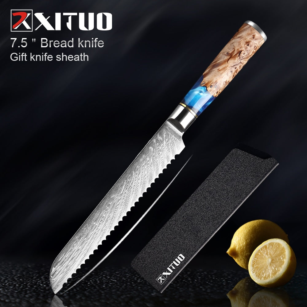 XITUO Kitchen Knives-Set Damascus Steel VG10 Chef Knife Cleaver Paring Bread Knife Blue Resin and Color Wood Handle Cooking Tool - TRIPLE AAA Fashion Collection