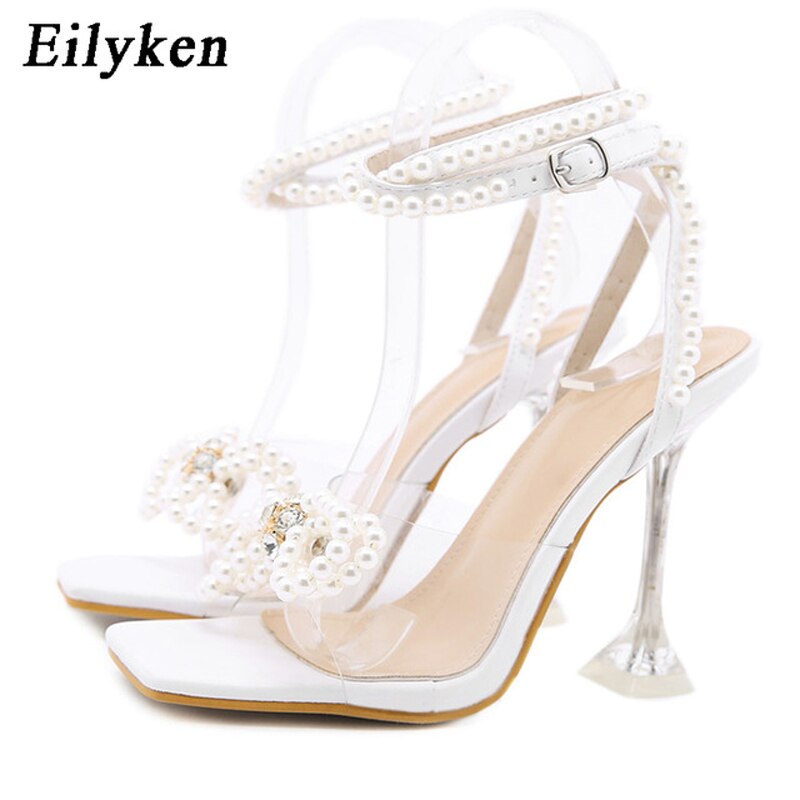 Rhinestone Bowknot Women Sandals PVC Jelly Transparent Perspex High Heels Summer Sexy Square toe Ankle Buckle Strap Shoe - TRIPLE AAA Fashion Collection