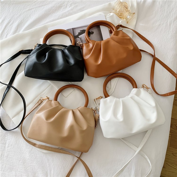 Cloud Bag Messenger Fashion Pleated Small Bag Simple Wooden Handle Handbag  One-Shoulder French Style Small Bag