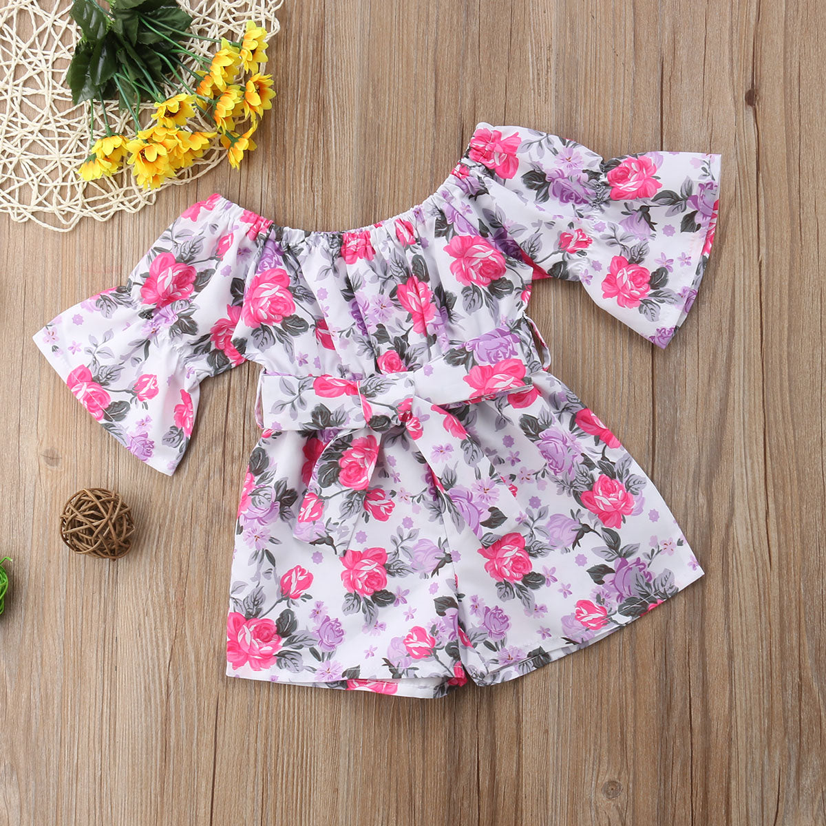 Spring Summer Baby Girls Rompers Baby Girl Clothes Floral Belt Three Quarter Cotton Jumpsuit