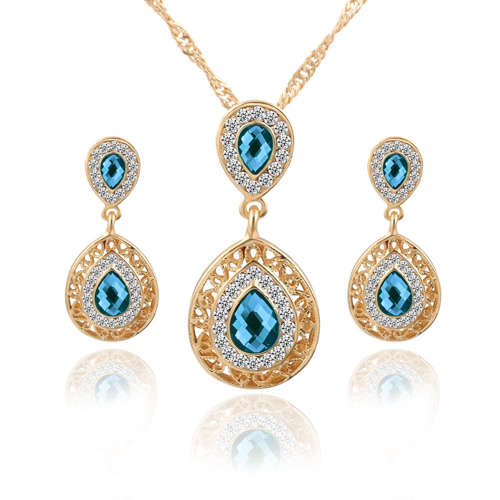 New Earrings Necklace Set Combination Crystal Earrings Water Drop Pendant Jewelry Three Piece Set