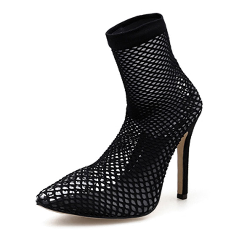PVC Fashion Transparent Mesh Stretch Fabric Sock Boots Thin Heels Pointed Toe Ankle Woman Boot Black - TRIPLE AAA Fashion Collection
