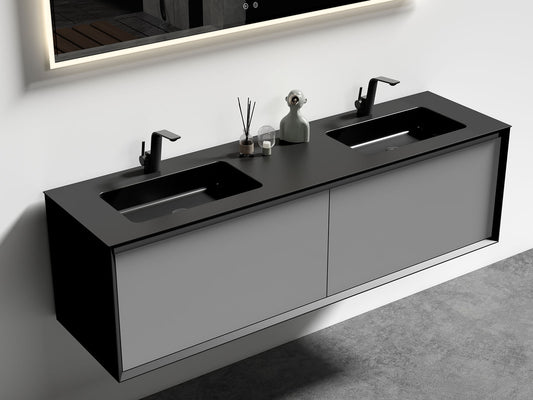 Elisa 60" Gray Double Bathroom Vanity with Black Integrated Basin and Two Drawers, Modern Style Spacious Storage Sleek Design, Drain and Faucet Not Included