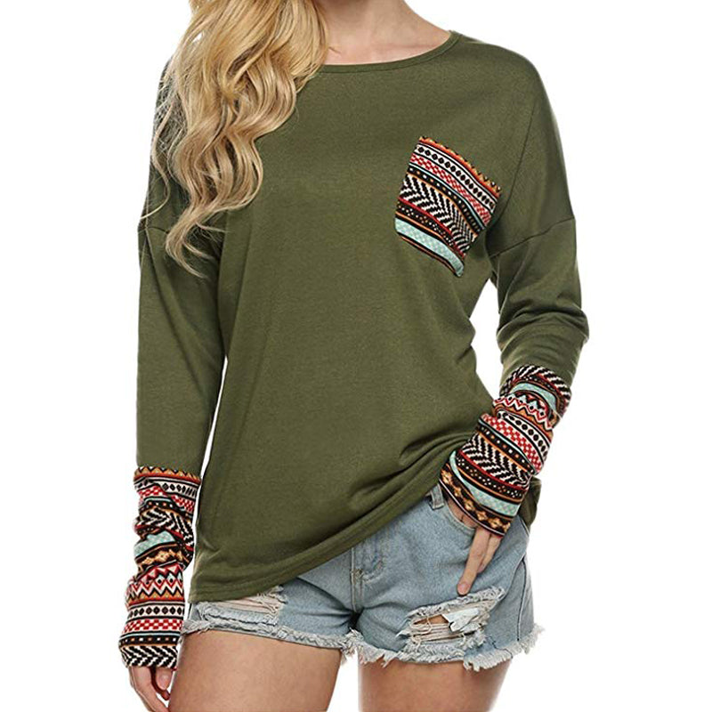 Women's Long Sleeve O-Neck Patchwork Casual Loose T-Shirts Blouse - TRIPLE AAA Fashion Collection