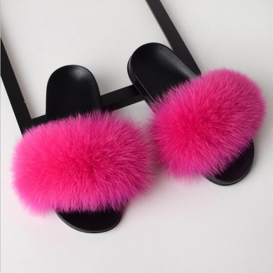 Women Flat Non-slip Solid Fox Fur Slides Real Fox hair Slides Large Size Slippers - TRIPLE AAA Fashion Collection