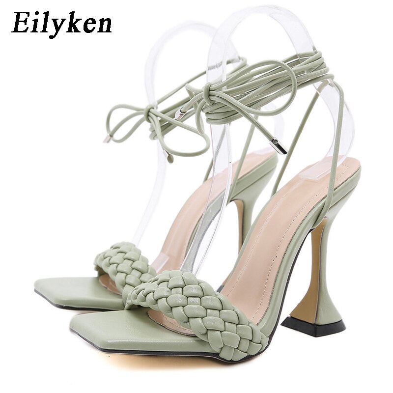 New Design Weave Sandals Spike Heels Women High Heels Square Open Toe Ankle Strap Summer Ladies Elegant Dress Shoes - TRIPLE AAA Fashion Collection