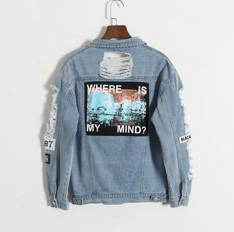 Where is my mind? Korea Kpop retro frayed embroidery letter patch bomber jacket women Blue Ripped Distressed Denim Coat Female - TRIPLE AAA Fashion Collection