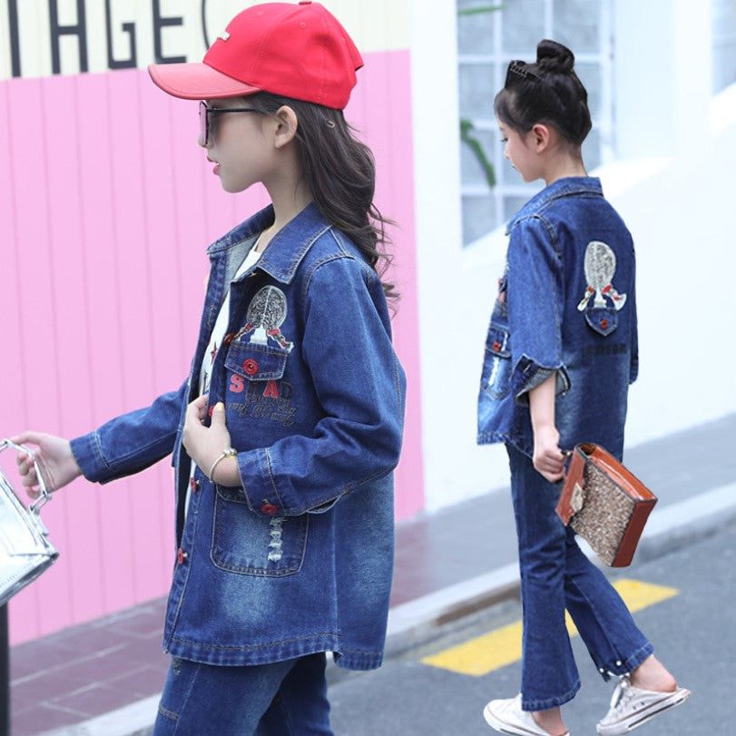 Children Girls Set Printing Denim Jacket Bell Bottoms Jeans Two-piece Boutique Teenage Kids Clothes 10 12 Year