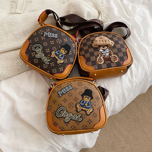New Fashion Bear Old Flower Hand-Held Shoulder Bag Spring Style Personality Retro Small Round Bag Messenger Bag Women's Bag