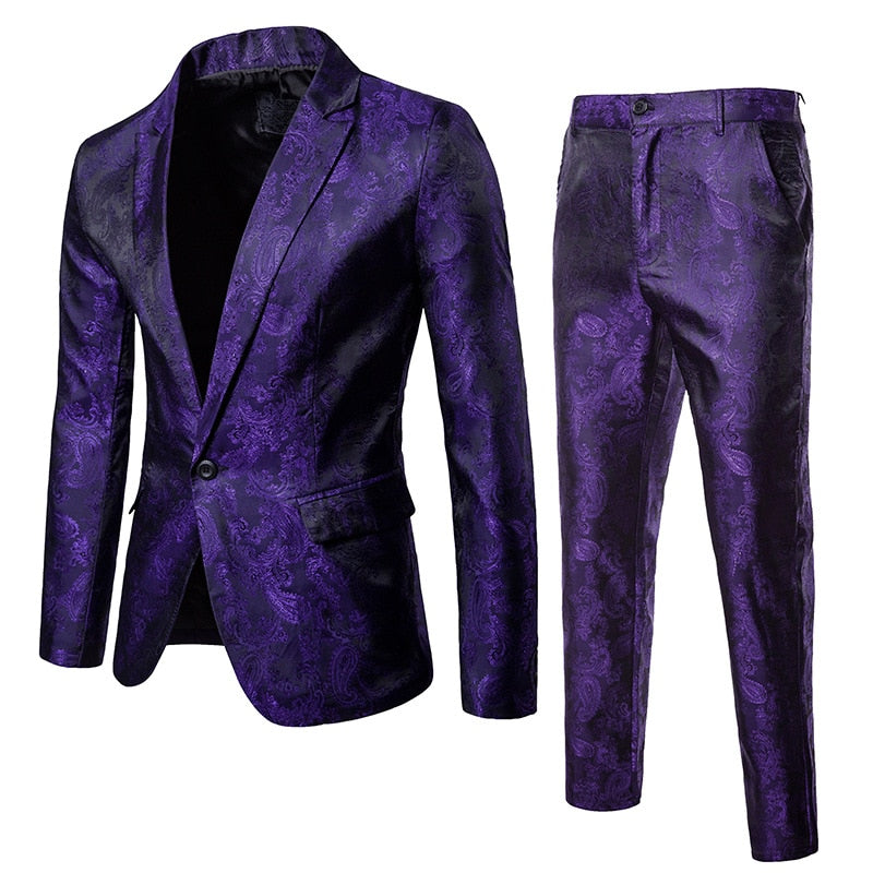 Wine Red Nightclub Paisley Suit (Jacket+Pants) Men Single Breasted Mens Suits Stage Party Wedding Tuxedo Blazer 3XL - TRIPLE AAA Fashion Collection